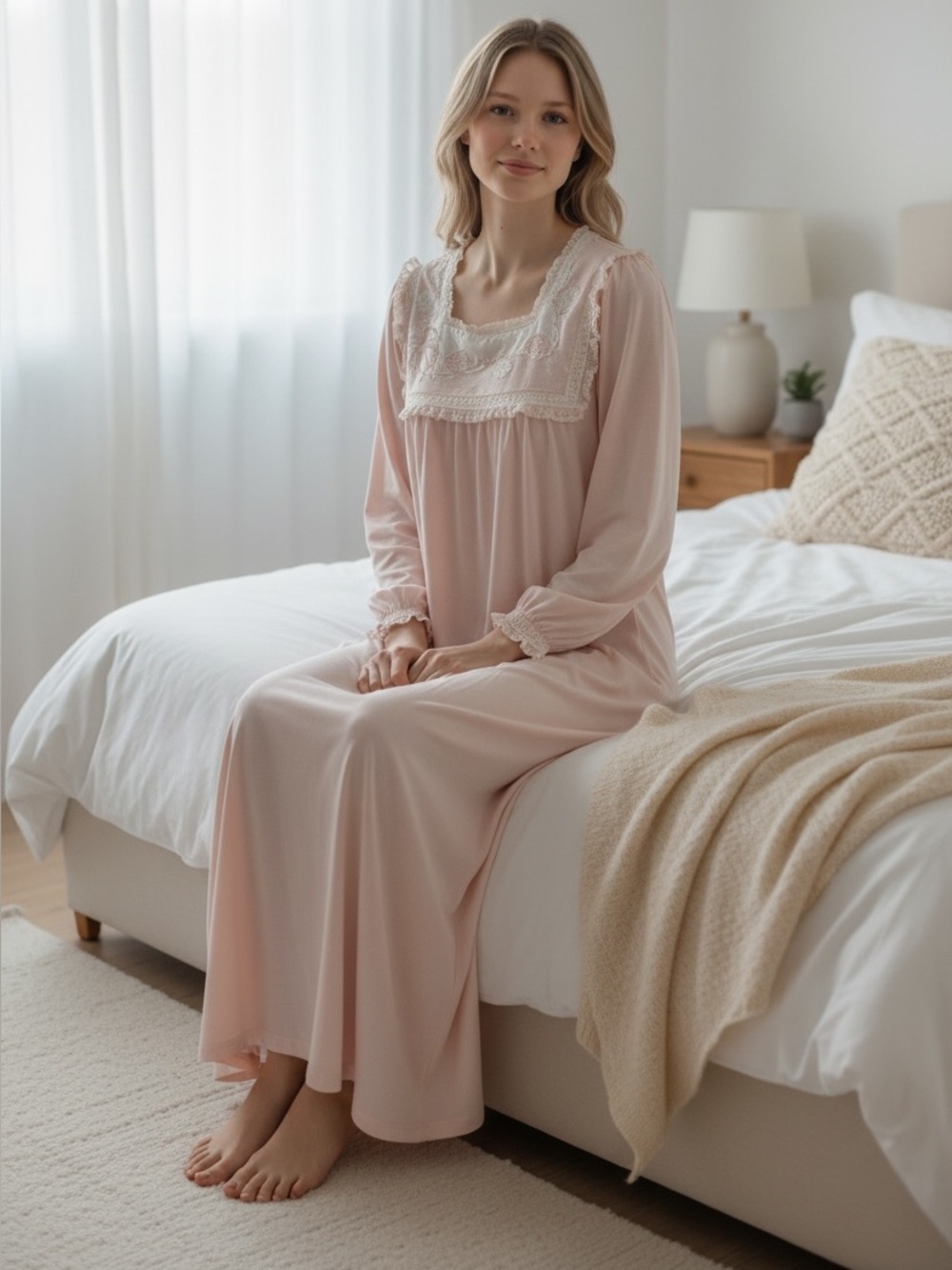 90s Dress Sara Beth Vintage Nightgown Blush Pink Lace Embroidered Bow Women’s S